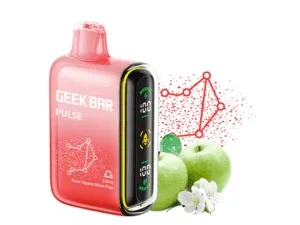 Red vape device with green apples design.