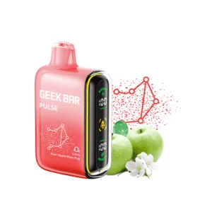 Red vape device with green apples design.