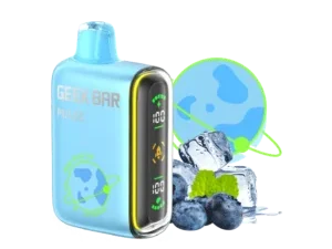 Blue vape device with berries and ice.