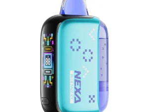 Colorful electronic vape device with digital display.