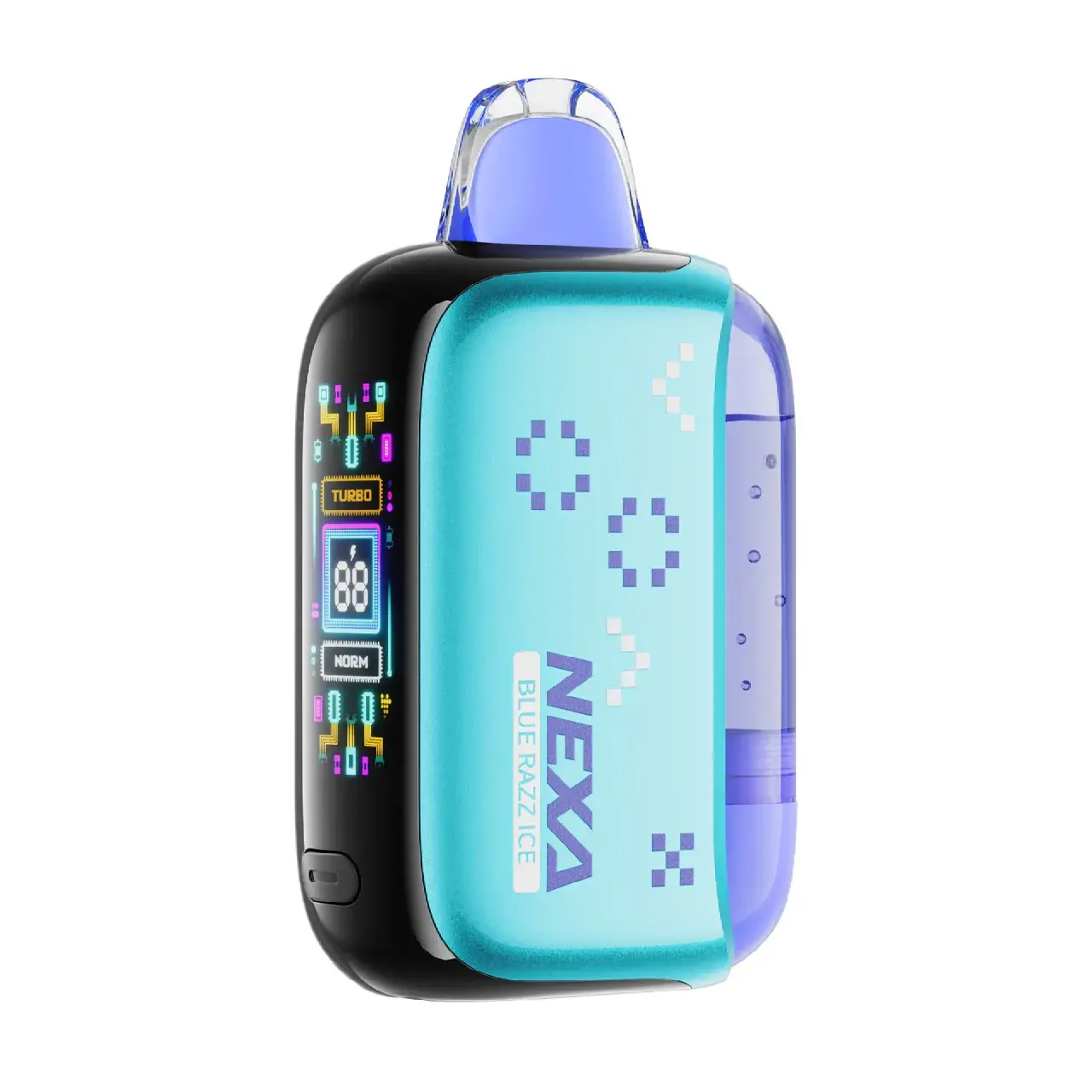 Colorful electronic vape device with digital display.