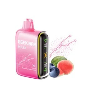 Pink vape device with fruit illustrations.