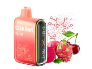 Red vape device with fruit and designs.