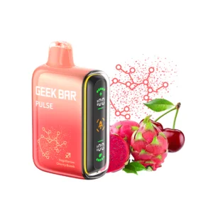 Red vape device with fruit and designs.