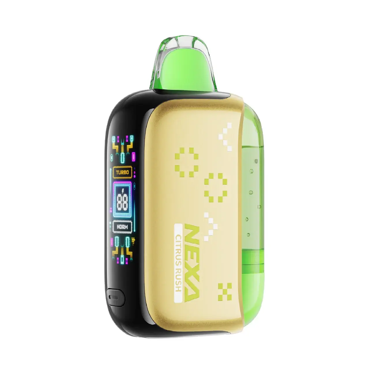 Colorful electronic vape device with digital display.