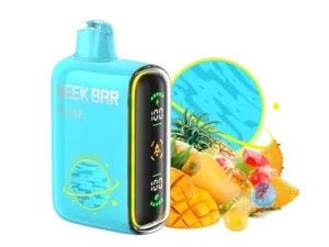 Blue vape device with tropical fruits background.