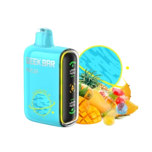 Blue vape device with tropical fruits background.