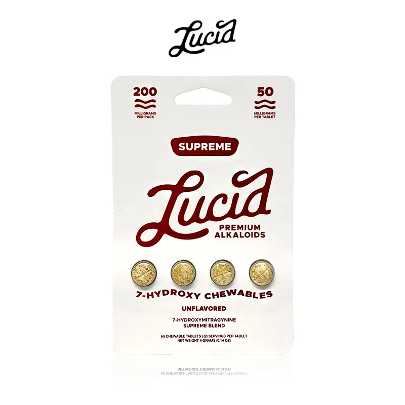 Lucid chewables packaging with four tablets visible.