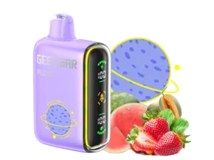 Purple vape device with assorted fruits illustration.