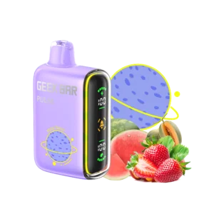 Purple vape device with assorted fruits illustration.