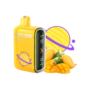 Yellow vape device with mangoes and planet.