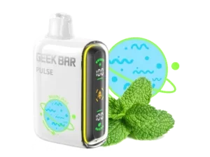Vape device with mint and planet graphics.