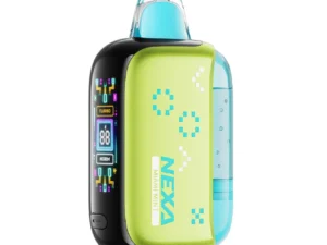 Vape device with digital display and branding.