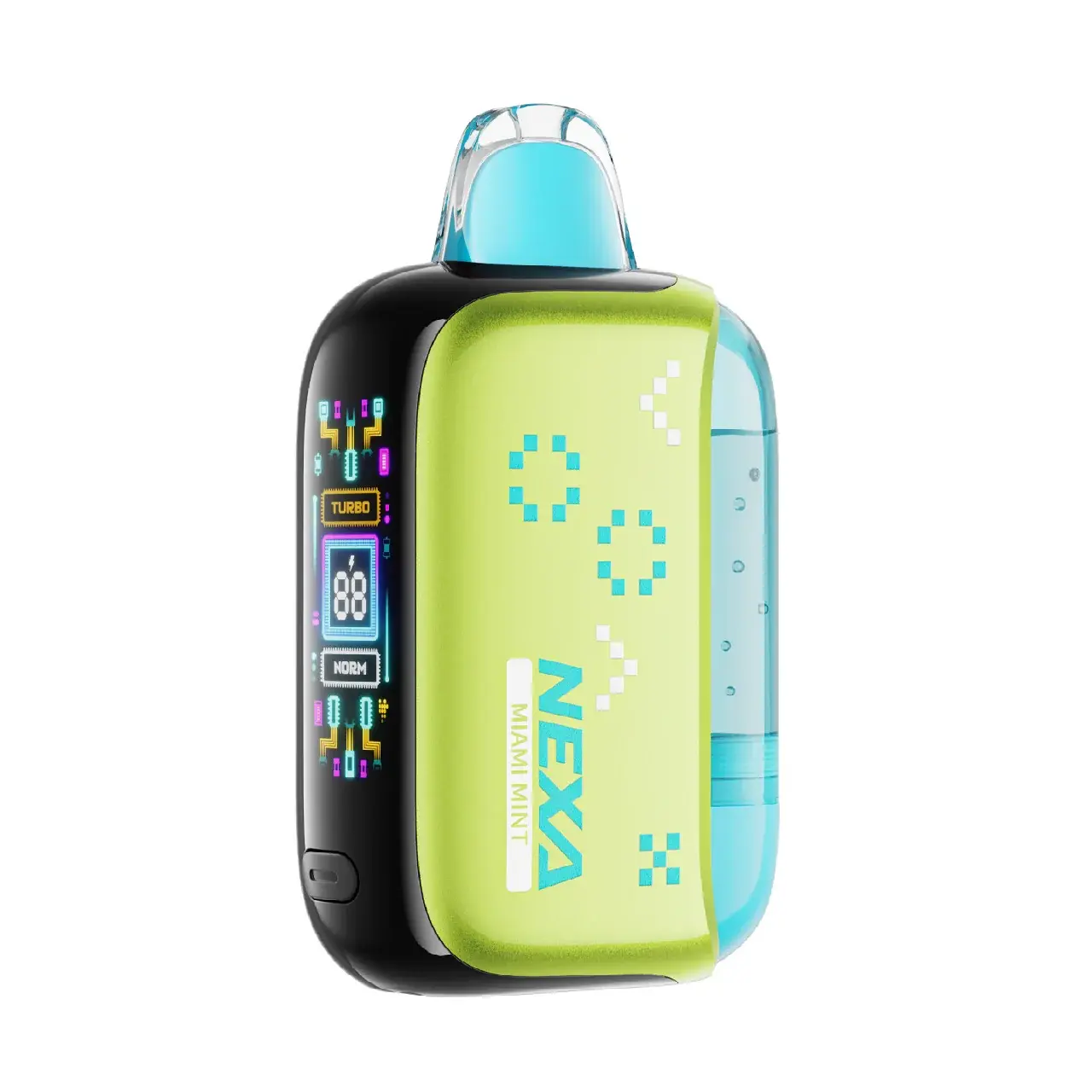 Vape device with digital display and branding.