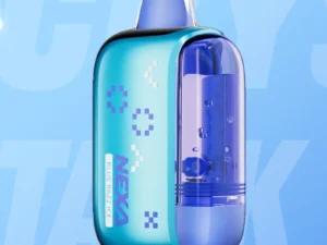 Blue vape device against a blue background.