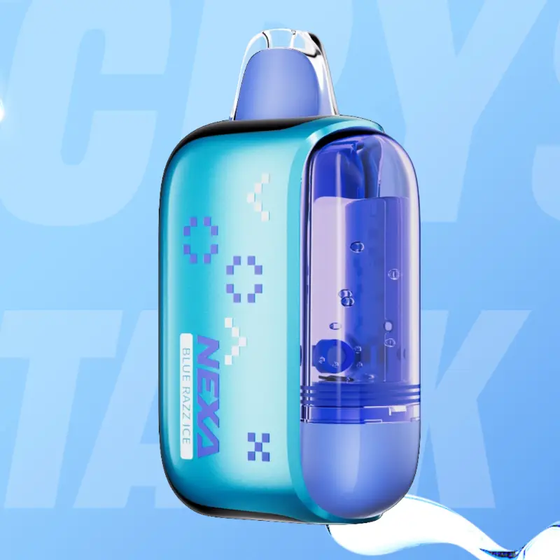 Blue vape device against a blue background.