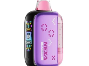 Purple and black vape device with display.