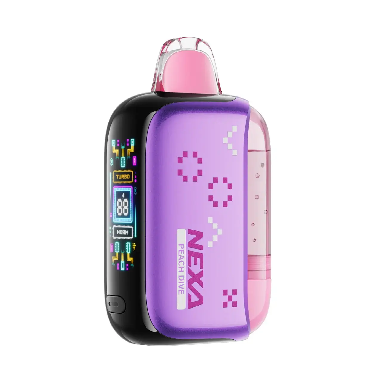 Purple and black vape device with display.