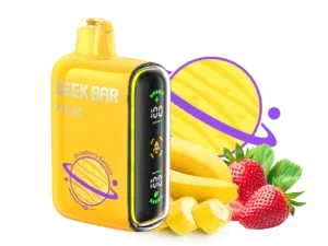 Yellow vape device with fruits illustration.