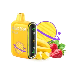 Yellow vape device with fruits illustration.