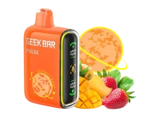 Orange vape device with fruit illustration.