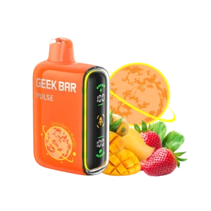 Orange vape device with fruit illustration.