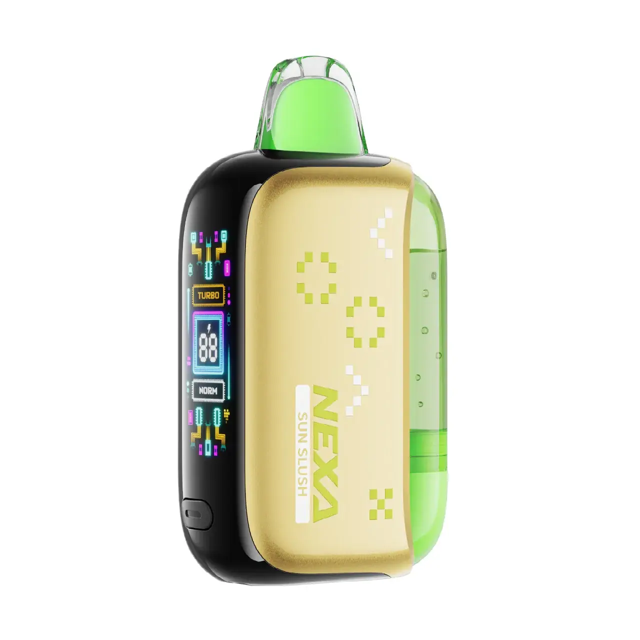 Colorful electronic vape device with digital display.