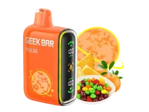 Orange vape device with fruit and candy.