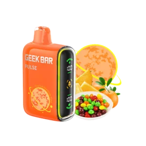 Orange vape device with fruit and candy.