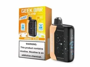 Geek Bar vape with warning label displayed.