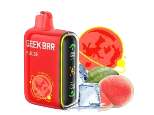 Red vape device with fruit and ice.
