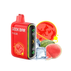 Red vape device with fruit and ice.