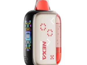 Vape device with digital display and branding.