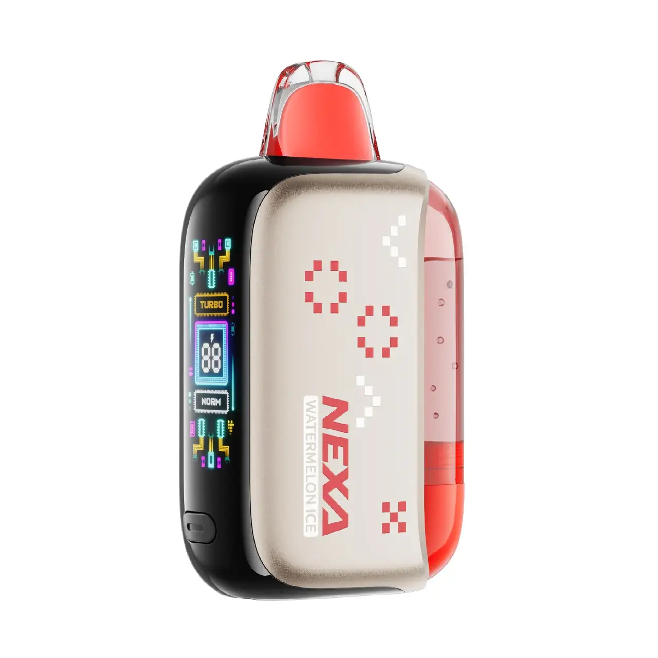 Vape device with digital display and branding.