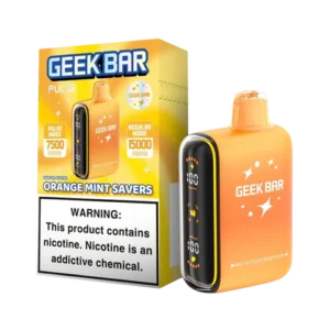 Geek Bar vape, orange mint flavor packaging.
