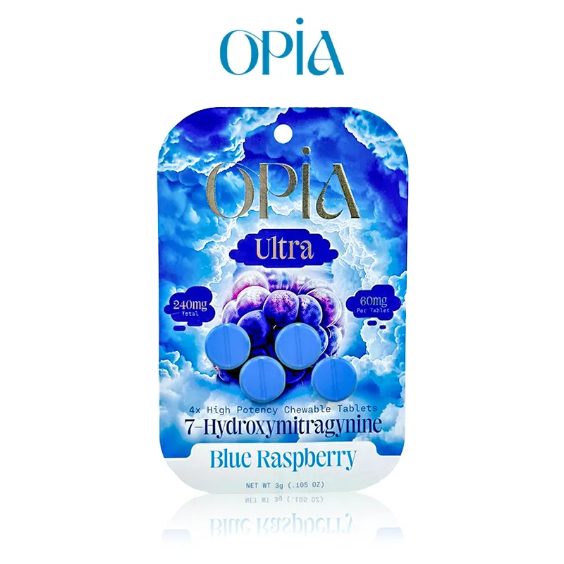 Opia Ultra Blue Raspberry chewable tablets packaging.
