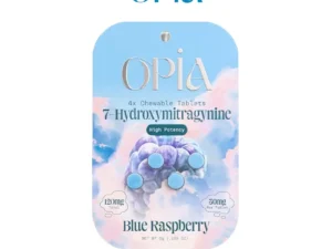 Opia blue raspberry chewable tablets packaging.