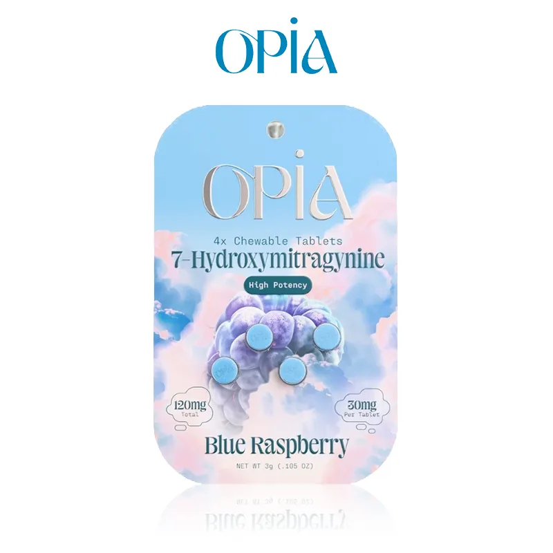 Opia blue raspberry chewable tablets packaging.