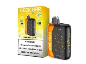 Geek Bar vape packaging, orange and black.