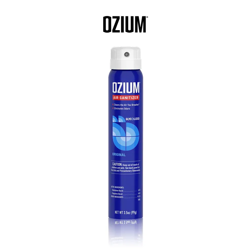 Ozium air sanitizer spray can, blue design.
