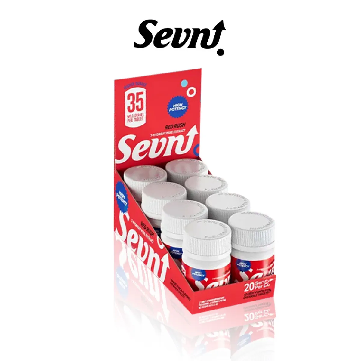 Display of Sevn energy drink bottles.